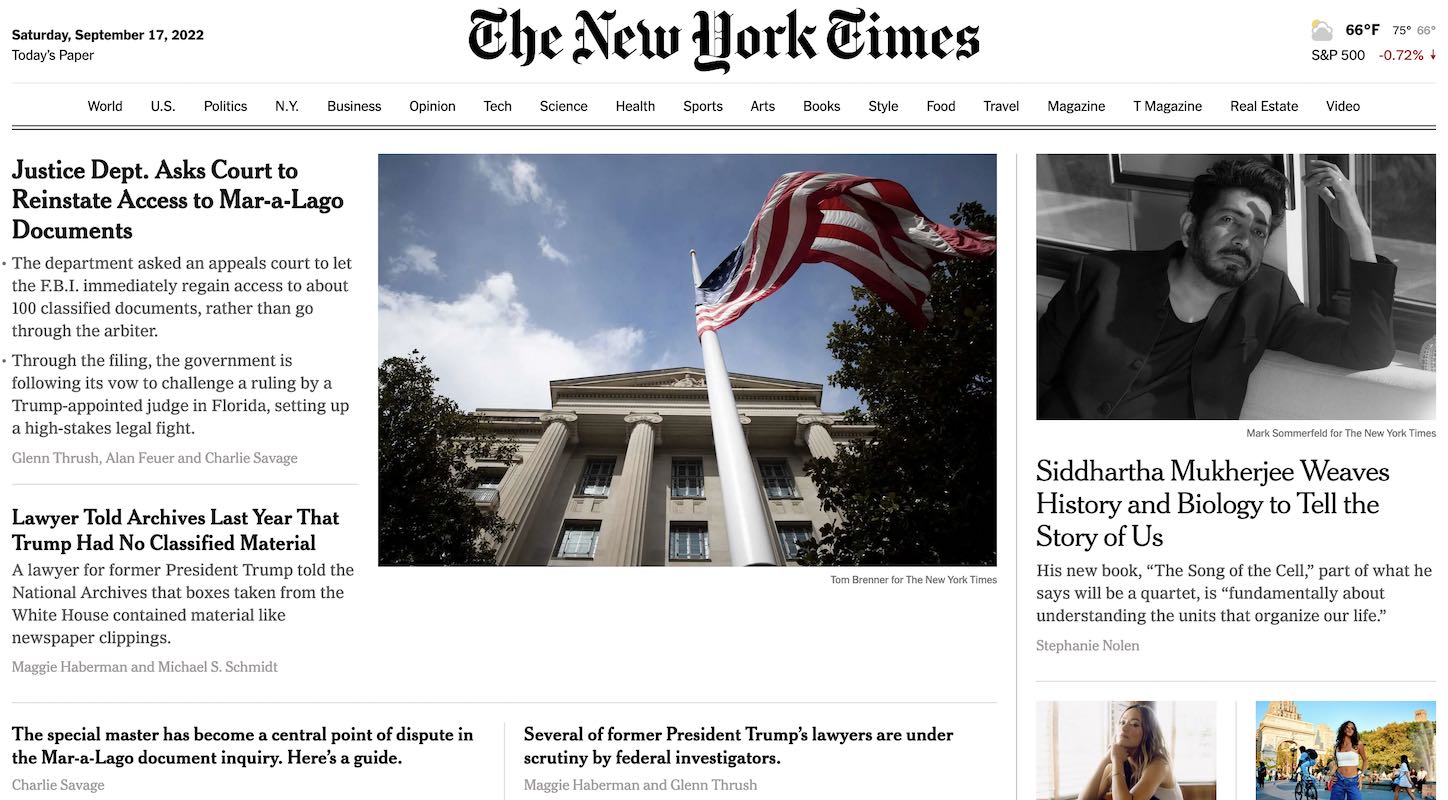 New York Times homepage with bylines below each article